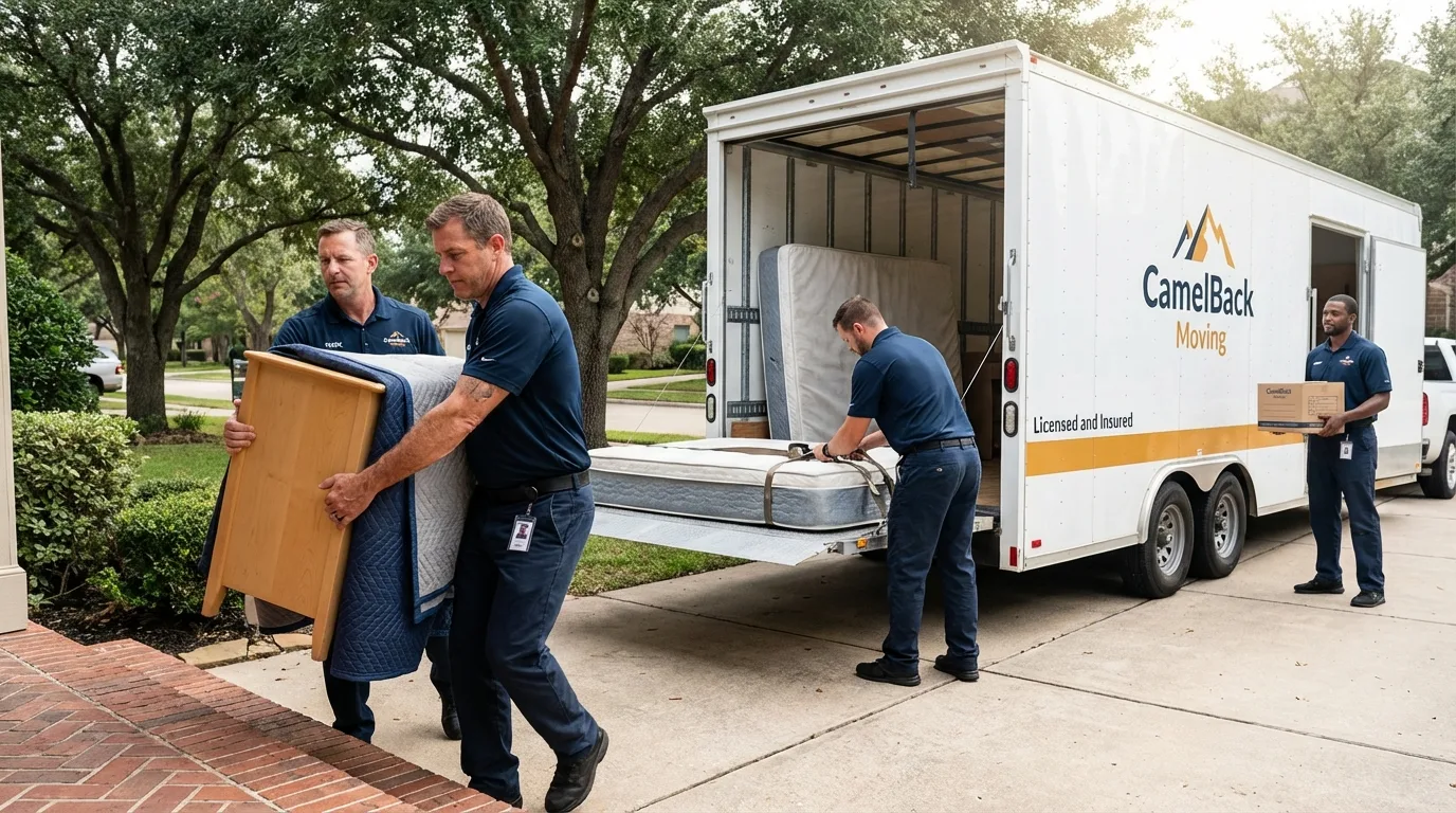 Crew loading residential truck for cross-state move from Needles, CA