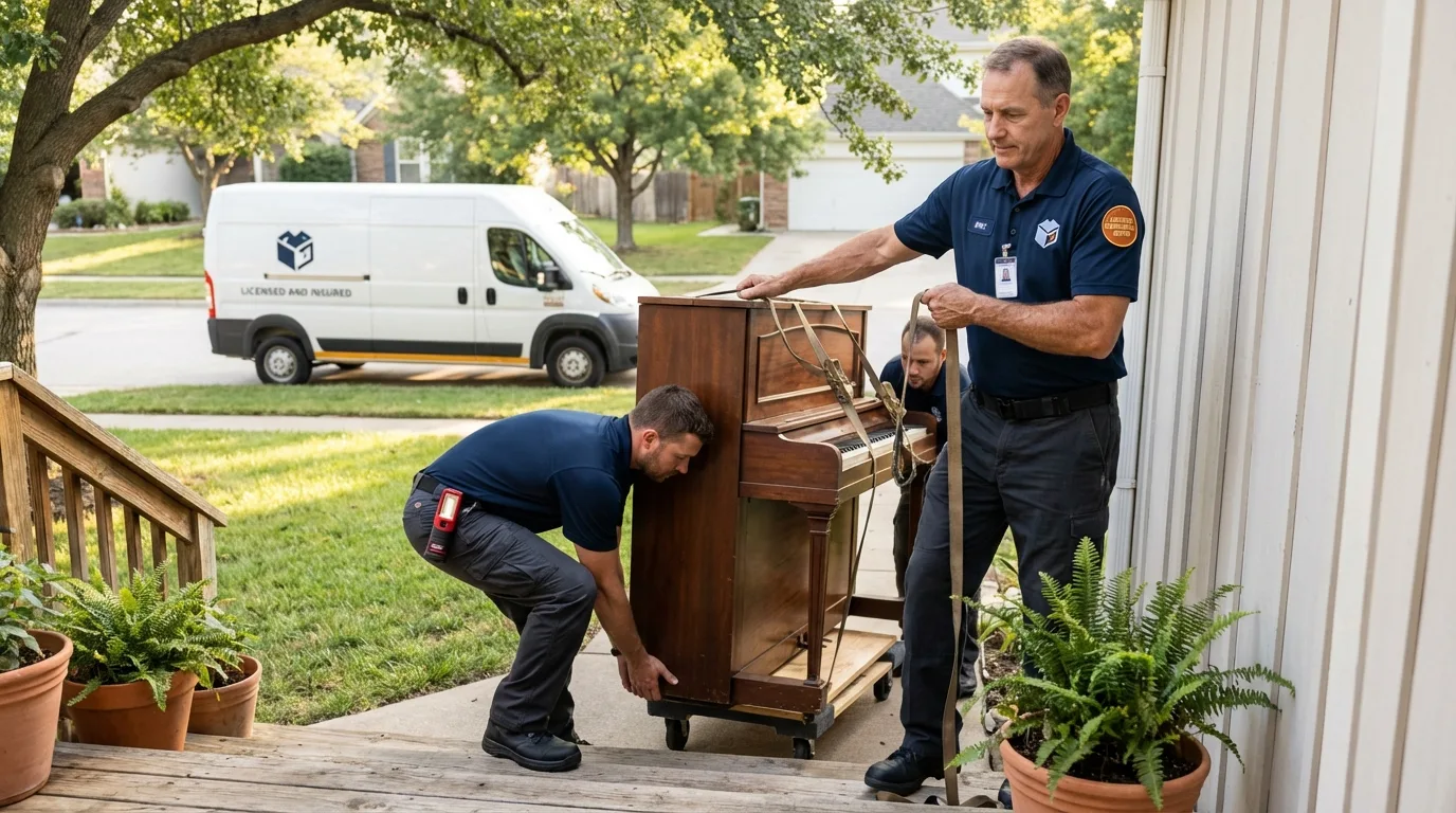 Licensed piano movers securing grand piano in Needles, CA