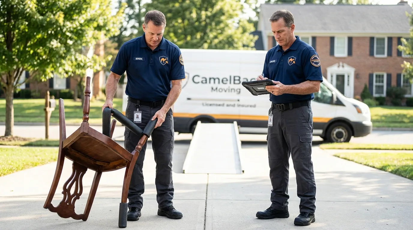 Movers inspecting furniture for damage prevention before loading in Needles, CA