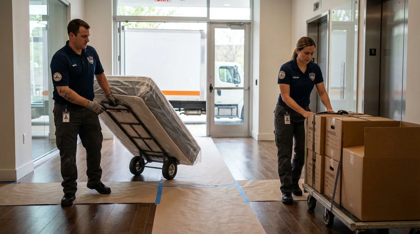 Professional apartment movers loading elevator in Needles, CA