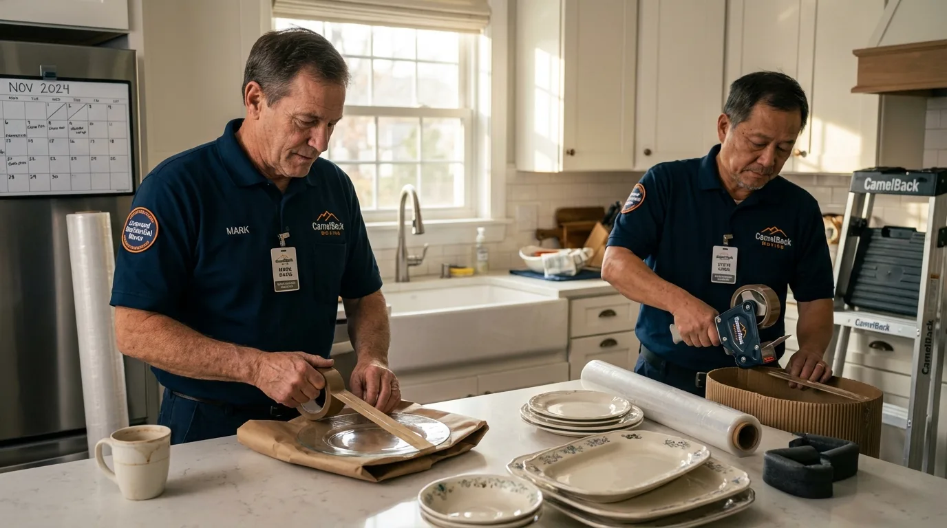 Professional crew packing kitchen dishware in Needles, CA